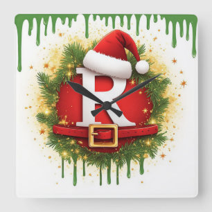 Horloge Carrée Lettre de Noël R avec chapeau de Père Noël Cadeau