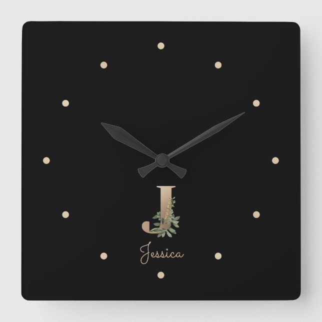 Horloge Carrée LETTRE Élégante MONOGRAPHIQUE BOtanique J (Recto)