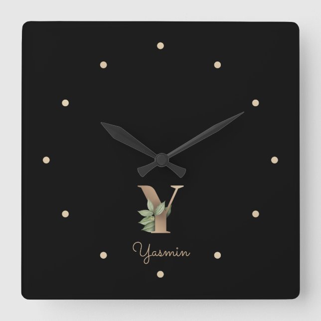Horloge Carrée LETTRE Élégante MONOGRAPHIQUE BOtanique Y (Recto)