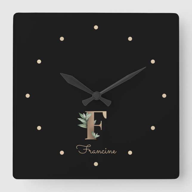 Horloge Carrée LETTRE MONOGRAPHIQUE BOtanique Élégante F (Recto)