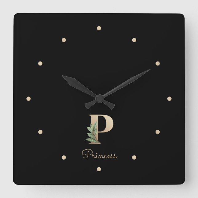 Horloge Carrée LETTRE MONOGRAPHIQUE BOtanique Élégante P (Recto)