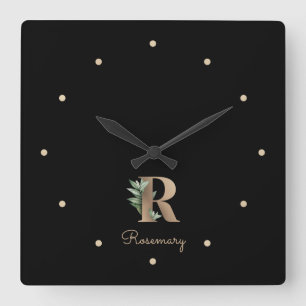 Horloge Carrée LETTRE MONOGRAPHIQUE BOtanique Élégante R