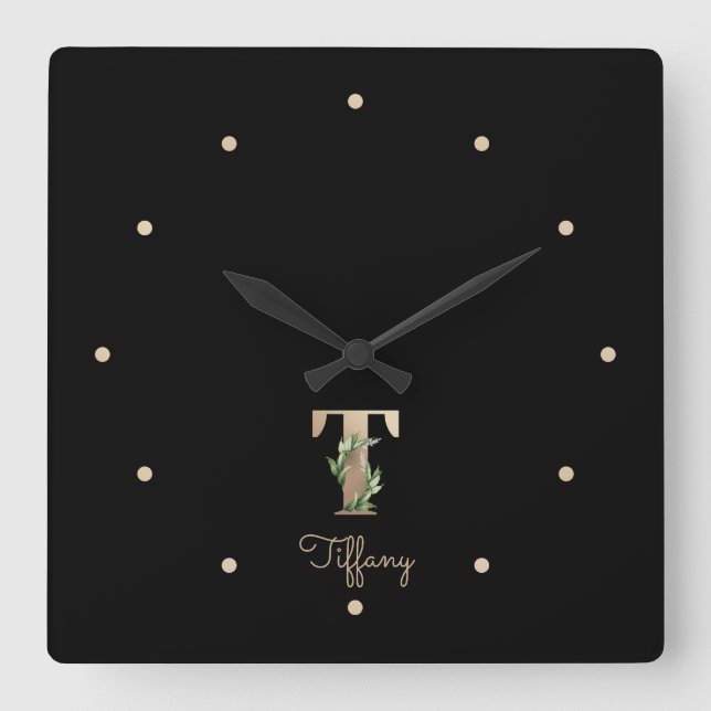 Horloge Carrée LETTRE MONOGRAPHIQUE BOtanique Élégante T (Recto)