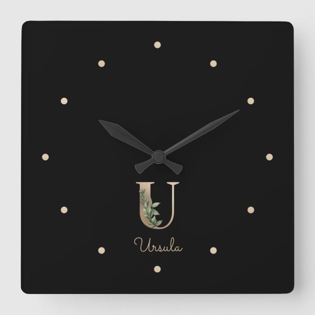 Horloge Carrée LETTRE MONOGRAPHIQUE BOtanique Élégante U (Recto)