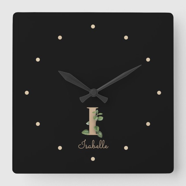 Horloge Carrée LETTRE MONOGRAPHIQUE BOtanique I Élégante (Recto)