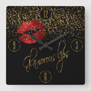 Horloge Carrée Lèvres rouges glamour et Confetti d'or