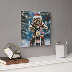 Horloge Carrée Lhasa Apso Chien à cheval Moto Noël