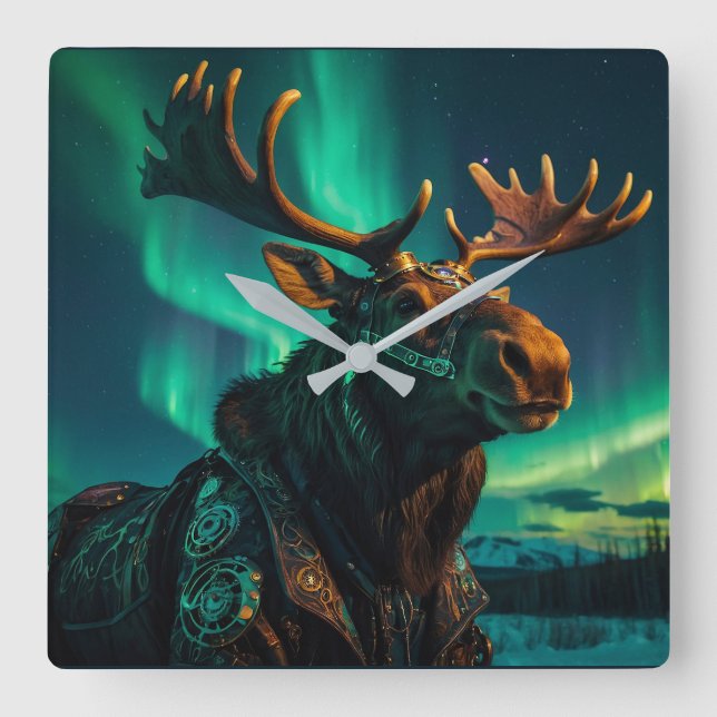 Horloge Carrée L'hiver Aurora et Steampunk Moose Wildlife Art (Recto)