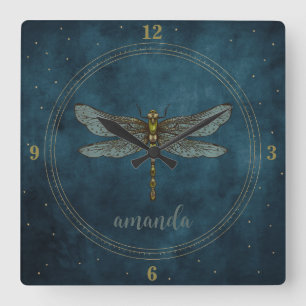 Horloge Carrée Libellule mystique céleste bleu foncé fantaisiste