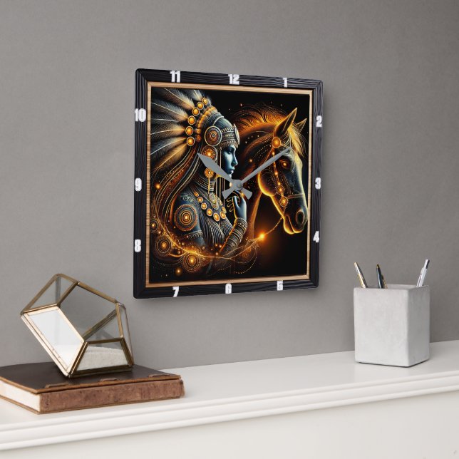 Horloge Carrée Lien énigmatique entre un guerrier et un lion (Bureau)