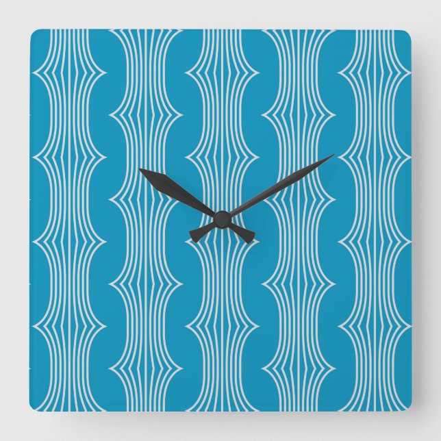 Horloge Carrée Lignes blanches Abstraites rétro sur Motif bleu (Recto)