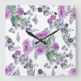 Horloge Carrée Lilac chrysanthemum , watercolor