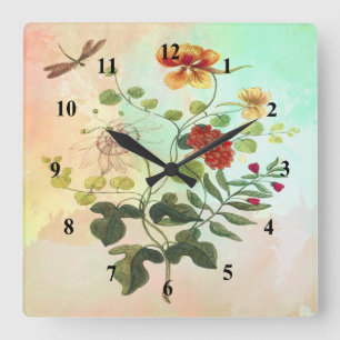 Horloge Carrée L'illustration botanique florale vintage fleurit