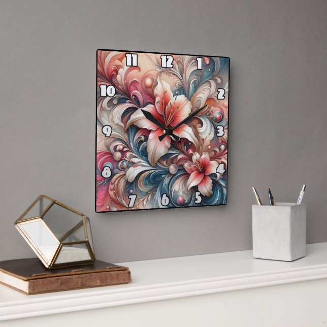 Horloge Carrée Lily Fleurit Au milieu de Motifs torrents (Bureau)