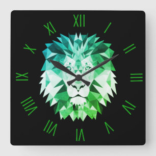 Horloge Carrée Lion géométrique vert avec chiffres romains