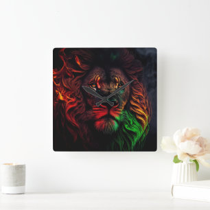 Horloge Carrée Lion jaune vert rouge 01