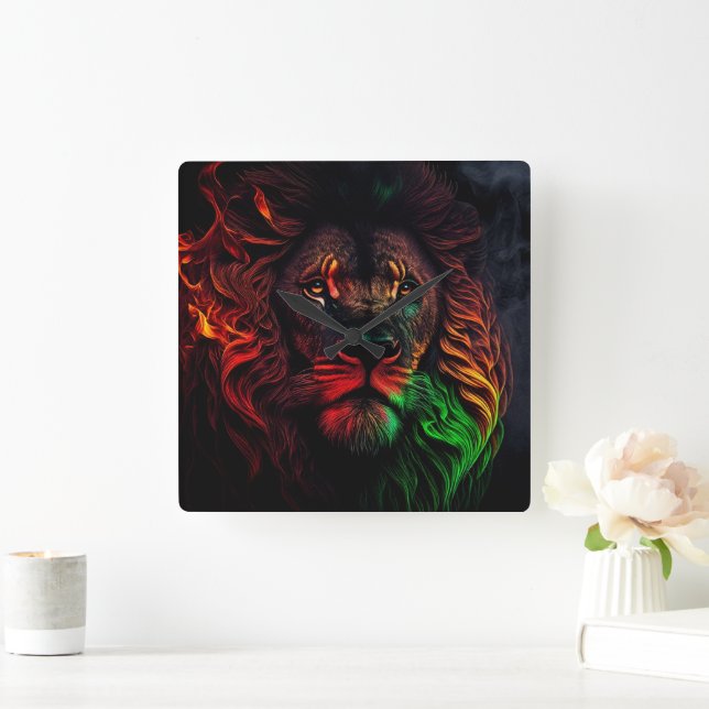 Horloge Carrée Lion jaune vert rouge 01 (Maison)