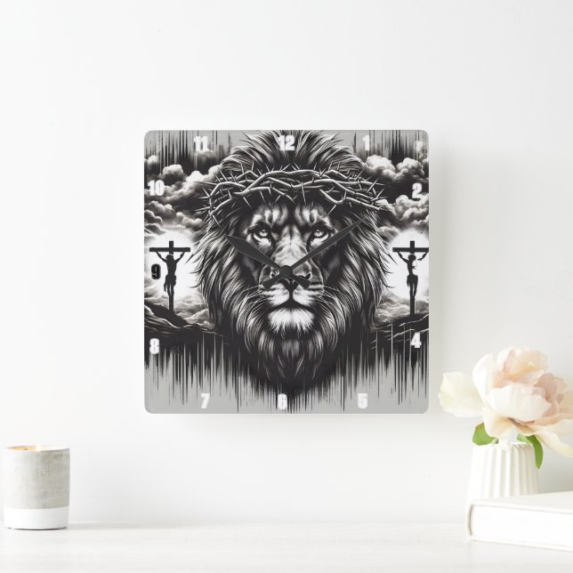 Horloge Carrée Lion majestueux avec couronne d'épines (Maison)