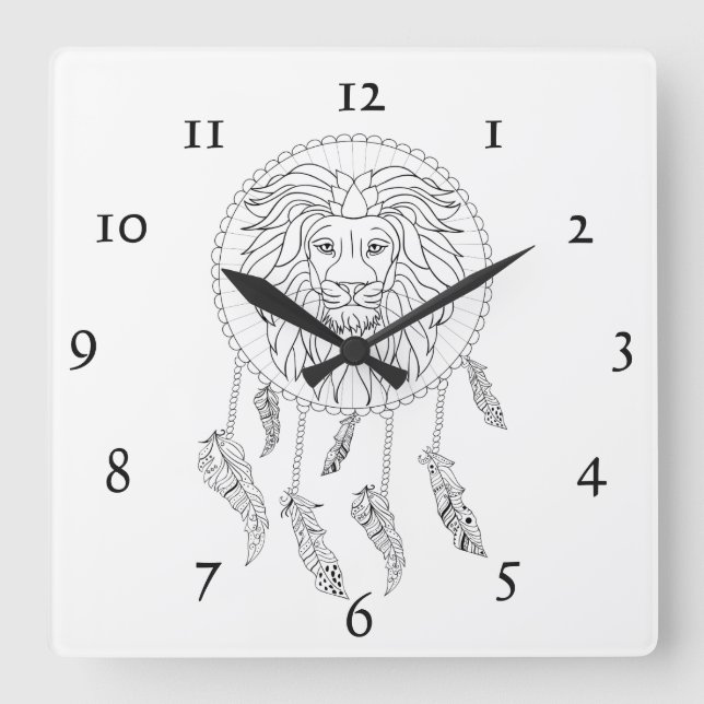 Horloge Carrée Lions tête en noir et blanc dans attrapeur de rêve (Recto)