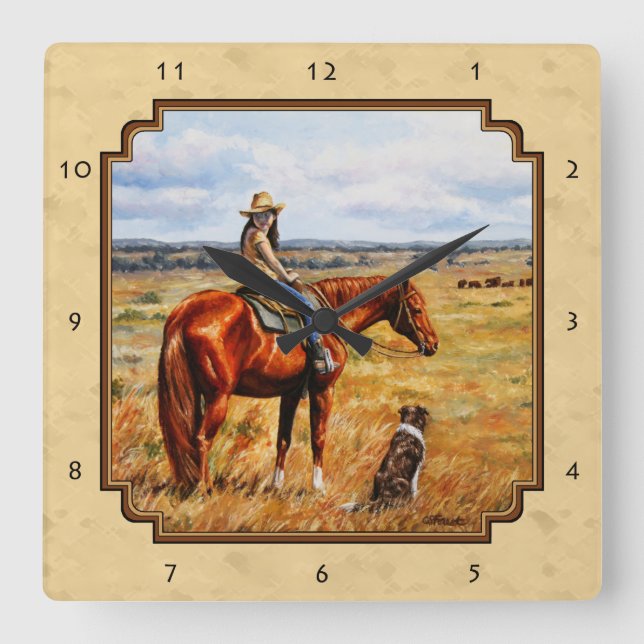 Horloge Carrée Little Cowgirl on Cattle Horse Yellow (Recto)