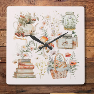 Horloge Carrée Livres Champignon Floral Art Whimsique Cottagecore