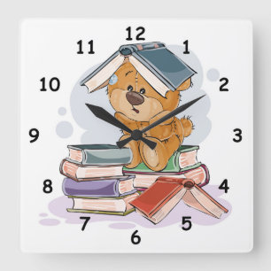 Horloge Carrée Livres De Lecture D'Ours Cartoon Cute