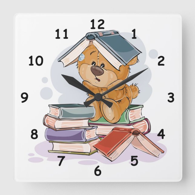 Horloge Carrée Livres De Lecture D'Ours Cartoon Cute (Recto)