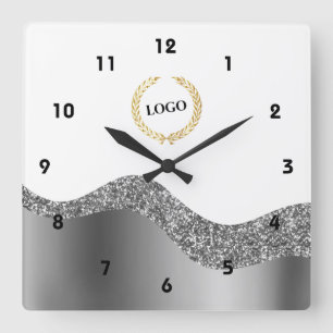 Horloge Carrée Logo d'entreprise Silver Wave