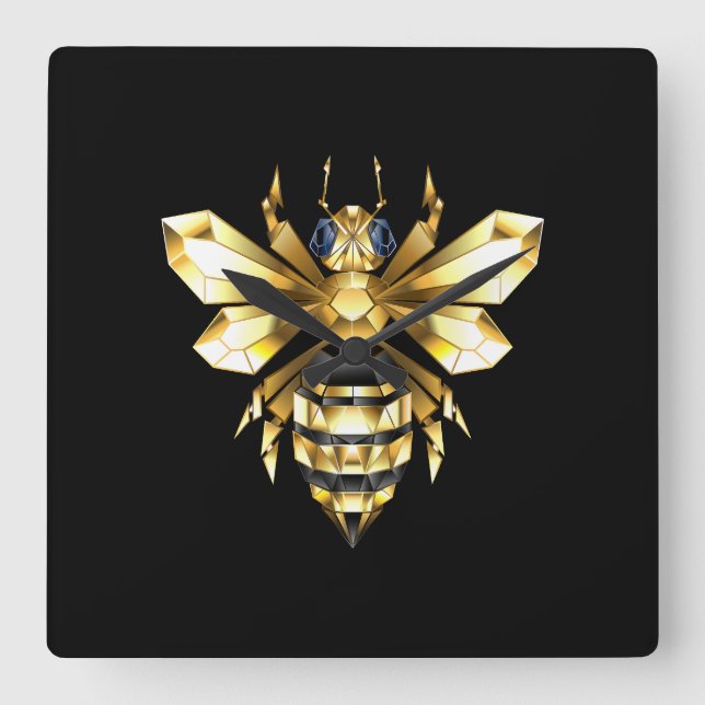 Horloge Carrée Logo Faux Gold Foil Bee Polygonal sur Noir (Recto)
