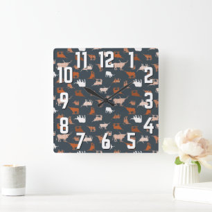 Horloge Carrée Longhorns à motifs Gris foncé et orange brûlé
