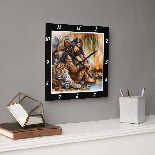 Horloge Carrée Lore autochtone : La réflexion de Tiger's Eyes Moo (Bureau)