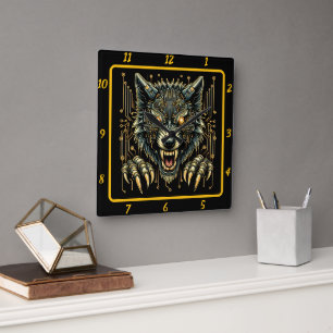 Horloge Carrée Loup Cyber néon brillant