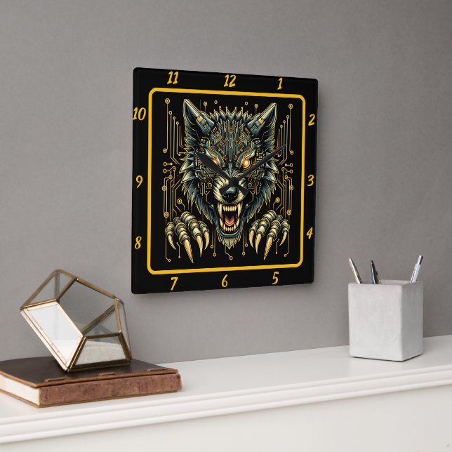 Horloge Carrée Loup Cyber néon brillant (Bureau)