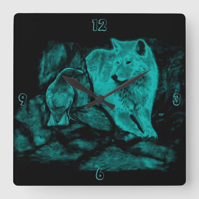 Horloge Carrée Loup et corbeau dans la nuit (Recto)