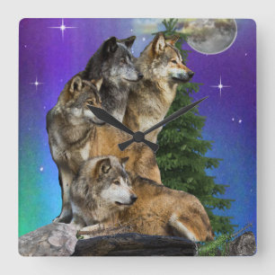 Horloge Carrée Loup et lune