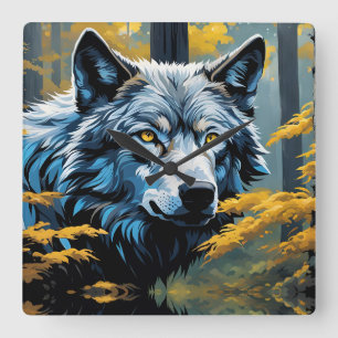 Horloge Carrée Loup gris en forêt dorée