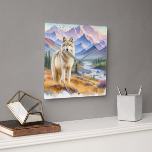 Horloge Carrée Loup Gris Nature 