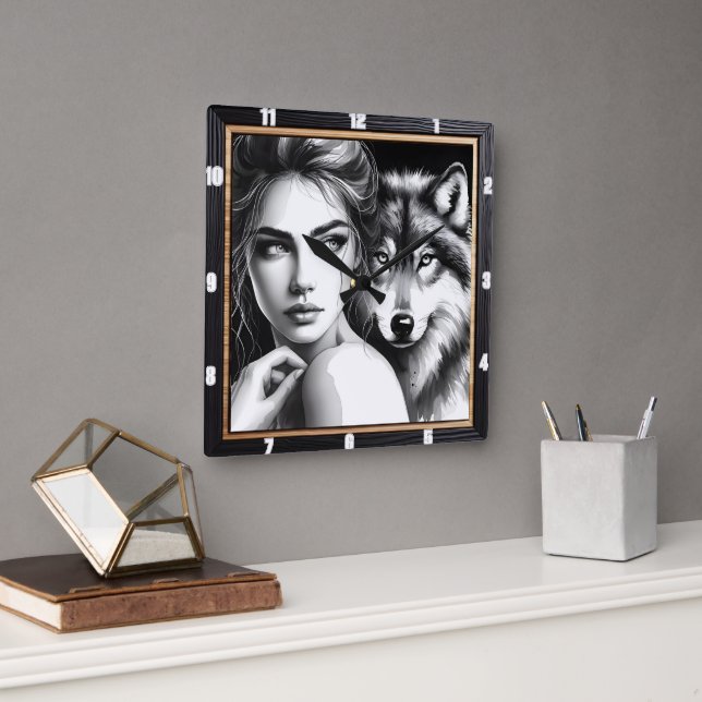Horloge Carrée Loup Indien Noir et blanc (Bureau)