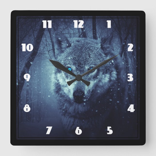 Horloge Carrée Loup sauvage magique aux yeux bleus Extraordinaire (Recto)