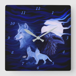 Horloge Carrée Loups et corbeau avec pleine lune