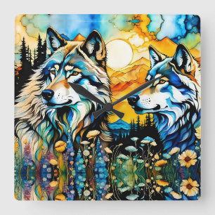 Horloge Carrée Loups gris et Fleurs sauvages