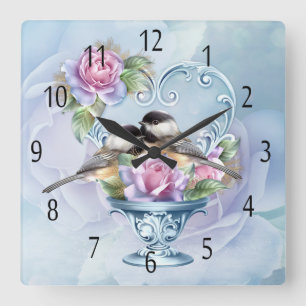 Horloge Carrée Love Birds And Roses Wall Clock