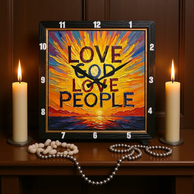 Horloge Carrée Love God Love People Sunset Art (Créateur téléchargé)