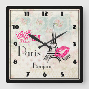 Horloge Carrée Love Paris with Eiffel Tower on Vintage Pattern