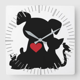 Horloge Carrée Love Puppy et Kitten Silhouette