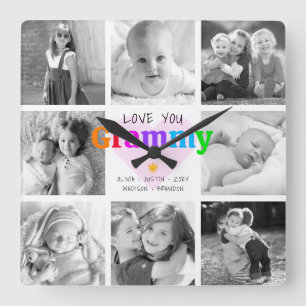 Horloge Carrée Love You Grammy Colorful Modern 8 Photo Collage