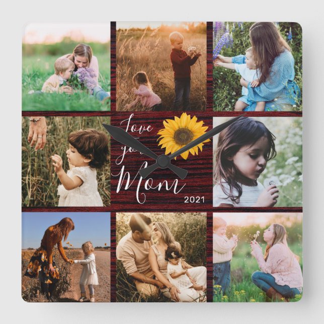 Horloge Carrée Love You Mom Family Photo Collage Tournesol rustiq (Recto)