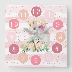 Horloge Carrée Lovely Baby Unicorn Rose Glitter Fantasy Nursery