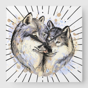 Horloge Carrée Loyauté et amour dans la nature (Wolf Love)