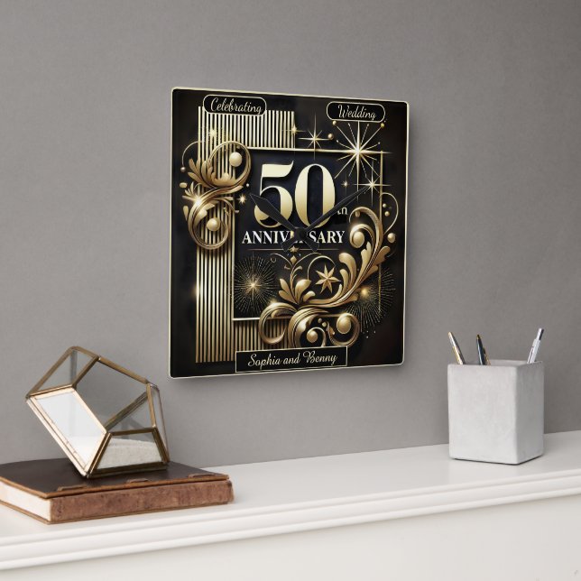 Horloge Carrée Lueur dorée : 50e anniversaire (Bureau)